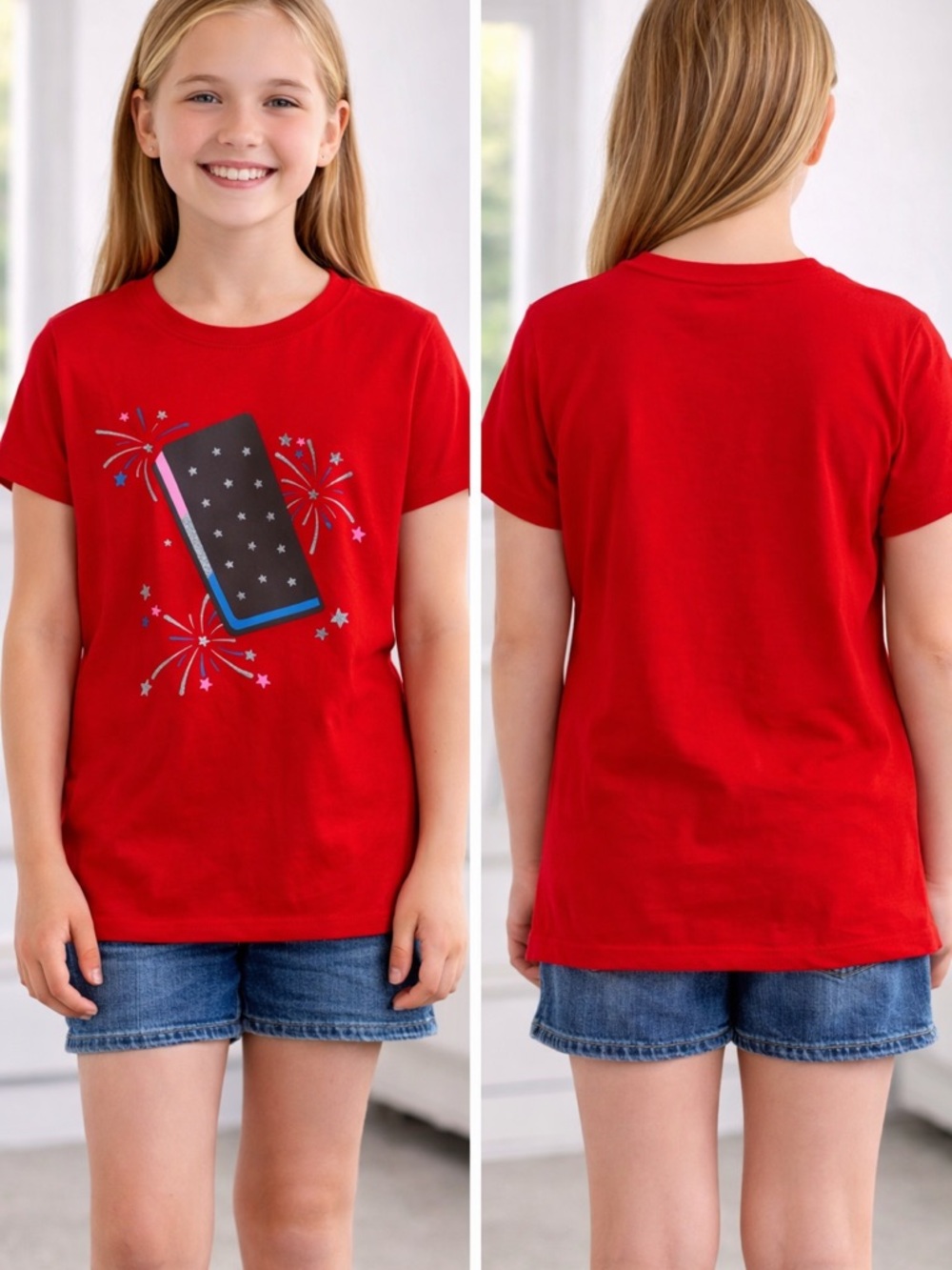 Cat & Jack Red Graphic T-Shirt Girls XL (14) Fireworks Phone Design NWT